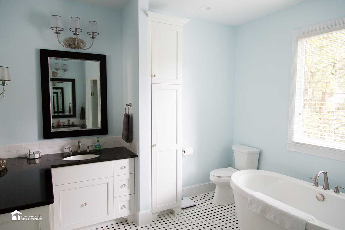 Traditional style bathroom Freestanding tub Custom trim Black and white bathroom tile Freestanding tub Custom trim