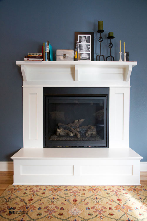 White fireplace mantle with black fire, Custom fire place Custom mantal