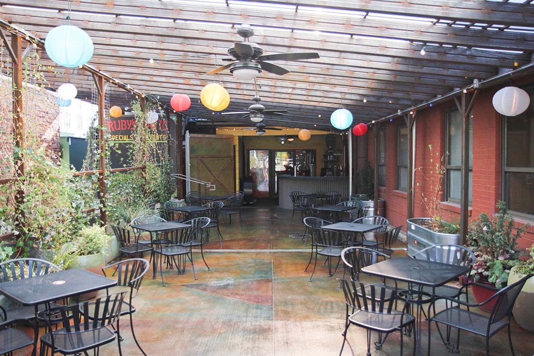 Clementines Bar and Cafe Custom restaurant patio Ruby's Patio, Exposed Brick, Dyed Concrete
