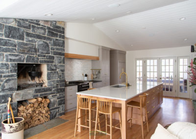 Wide View of Kitchen and Bluestone Fireplace